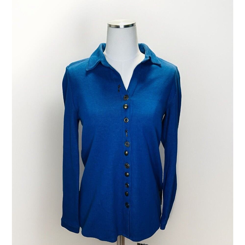 Soft Surroundings Sydney Shirt Button Up Blouse Blue Womens Size XS Waffle Knit